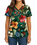 Women V Neck Short Sleeve Scrub Top With Turtle Hawaiian Print For Healthcare Professionals Comfy Breathable Medical Uniform In Green 5XL