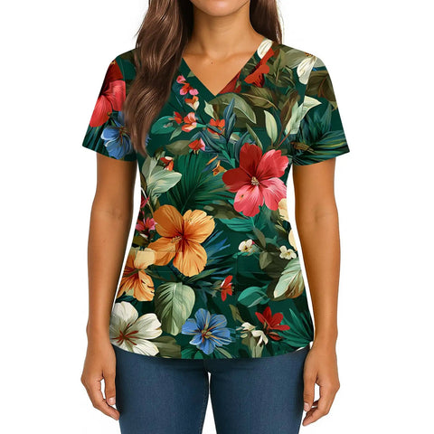 Women V Neck Short Sleeve Scrub Top With Turtle Hawaiian Print For Healthcare Professionals Comfy Breathable Medical Uniform In Green 5XL