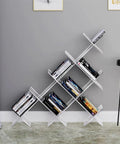 Acrylic Floating Bookshelf With Multi Layer Design Shaped Floor Shelf For Living Room displaying books against a wall