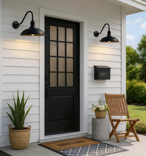 12.6 Inch Outdoor Gooseneck Barn Light with Dusk to Dawn Sensor on farmhouse porch, heavy duty metal, galvanized finish.