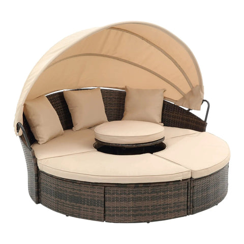 Retractable Outdoor Patio Round Wicker Rattan Daybed With Lift Table And Washable Cushions For Sun Drenched Lounge Sofa That Hits Different On Your Backyard Oasis with beige cushions and canopy.