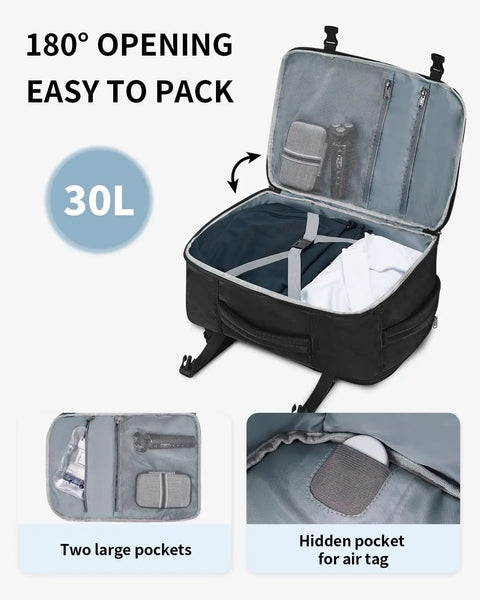 Open Underseat Travel Backpack for Men 30L Carry On with USB Port showing interior pockets, airline approved for Spirit Airlines.