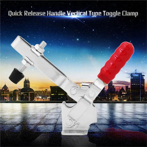 Heavy Duty Vertical Toggle Clamp Bulletproof Quick Release Lever Knockout Grip For Metalworking Shops 500 Pound Holding Capacity Tight Linkage Lock with red handle.