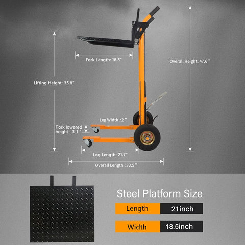Rock Solid Hydraulic Pallet Jack Stacker With 440 Lb Heavy Load Capacity showing dimensions and steel platform size