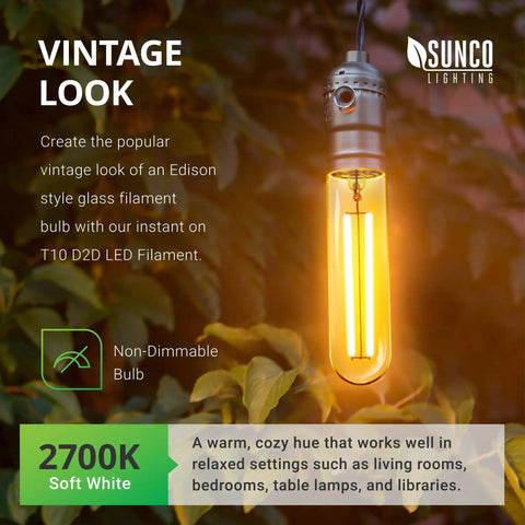 Image of a T10 D2D LED Filament bulb lit outdoors in vintage Edison style, highlighting its 2700K soft white glow and non-dimmable feature.