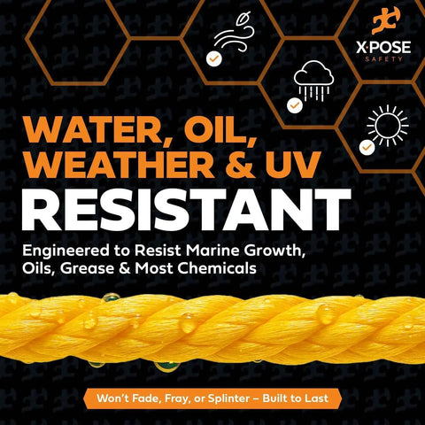 Heavy Duty 1/2 Inch Yellow Polypropylene Rope 600 Feet, weather, UV, and oil resistant features highlighted on image