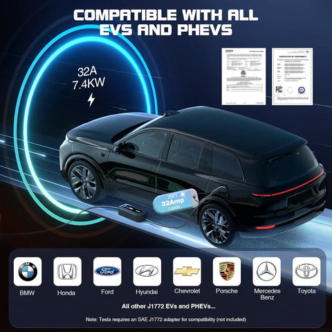 Image showing compatibility of Level 2 EV Charger 32A 7.4 kW Portable With 25 Foot Cable ETL Certified SAE J1772 240 Volt NEMA 14 50 Adjustable Current with various car brands.