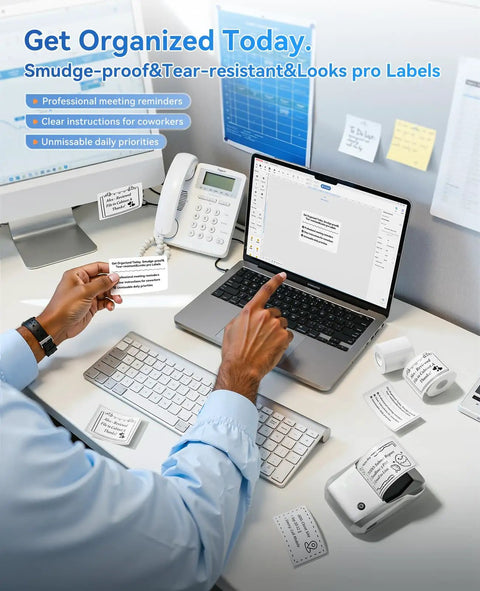 Wireless Bluetooth Label Printer For Home Organization 2 Inch Compact Sticker Maker App Connected Seamless Sync For Smartphone Or Laptop Silver Build in use with labels on desk.