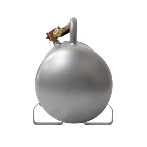 Side view of a Lightweight Portable Aluminum Air Tank 5 Gallon Rust Free with handle and connector, 125 PSI Maximum.