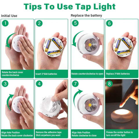 Instructions for using 5 Pack LED Battery Powered Wireless Night Light Sticks Tap On Touch Lamp For Closets Cabinets Counters