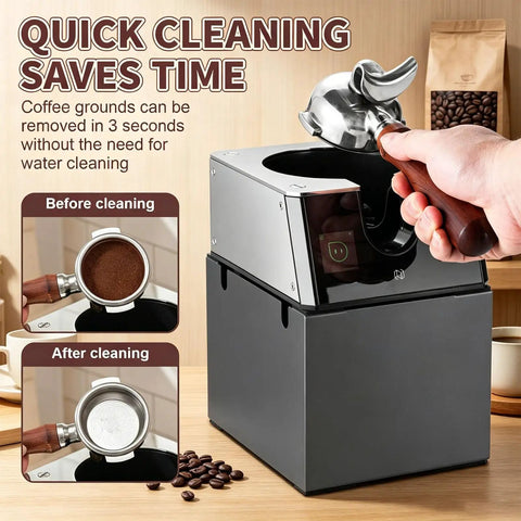 Smooth Operator Automatic Espresso Portafilter Cleaner and Quiet Knock Box Replacement for 58mm Machines in action clearing coffee grounds.