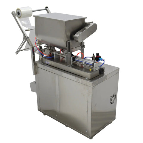 Automatic Liquid Paste Filler And Sealer Machine With Mix Hopper For Sauces And Chunky Salsa Stainless Steel setup with bulk hopper.