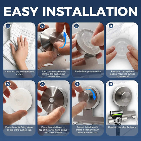 Step-by-step installation of Heavy-Duty Shower Razor Holder With 7KG Suction, showing tool-free method on smooth surfaces.