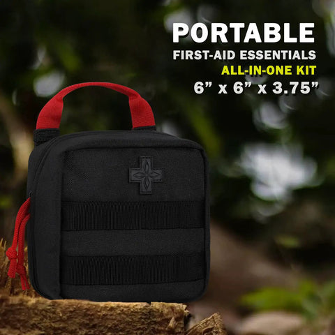 180 Piece Tactical EMT First Aid Kit In MOLLE Pouch 6x6x3.75 inch black pouch with red handle for outdoor use
