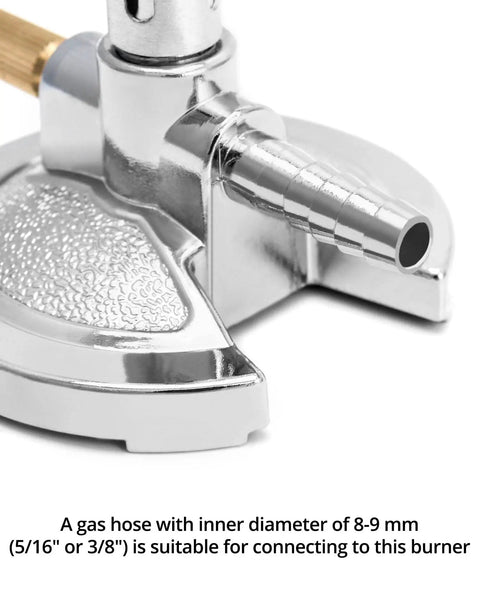 Pro Grade Lab Bunsen Burner For Natural Gas And Propane with zinc alloy base and copper tubing, close-up connection view