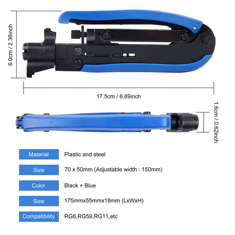 Pro Grade Coaxial Compression Tool Kit With Rock Solid Rg6 Rg59 Rg11 F Connector Crimping Pliers shown from side view, highlighting adjustable size.
