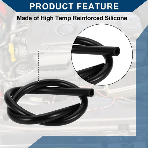 Close-up of Beefy Silicone Vacuum Hose High Temp Automotive Vacuum Line Three Point Three Feet Long Twelve Millimeter Inner Diameter Three Point Five Millimeter Thick Black. Visible in engine compartment with high temp reinforced silicone material highlighted.