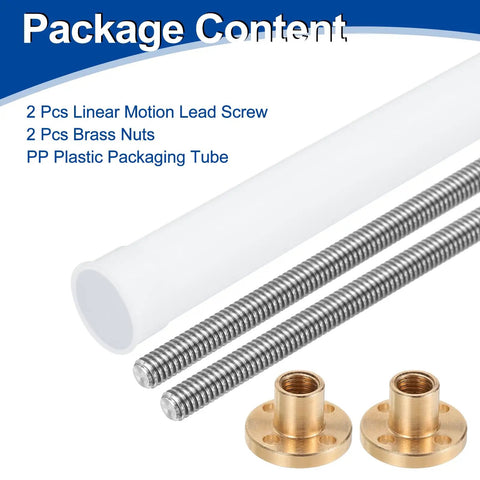 2 Pack 900mm Tr8X1 Lead Screws With Brass Nuts, 1mm Pitch, 1 Start, 1mm Lead, 304 Stainless Steel Screw Bar With Packaging Tube