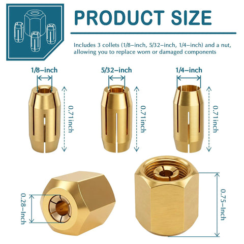 Pro Grade Replacement Collet And Nut Kit For Spiral Saws And Drywall Cut Out Tools With CN1 Fit, DEWALT Compatible, gold components