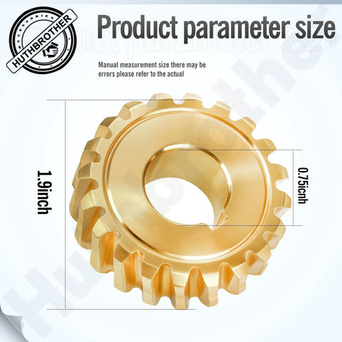 20T Worm Gear Replacement for 40 to 42 Inch Snowblowers; dimensions 1.9 inch OD, 0.75 inch ID; gold color gear detail