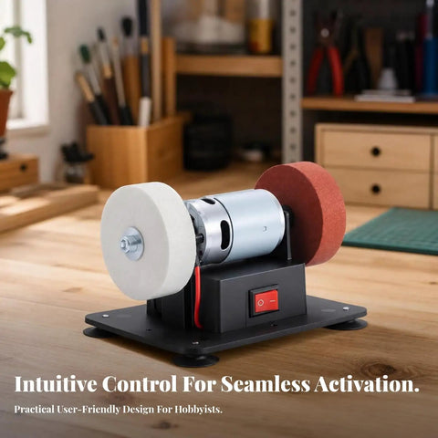 Rock Solid 150W Desktop Electric Grinding Machine Featuring Hella Strong Dual Spin Polisher for steady use, compact design with dual wheels.