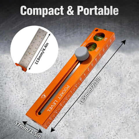 Nailed It 4-In-1 Aluminum Marking Level Ruler With Dual Industrial Magnets, Sliding Depth Gauge, And Flexible Angle Finder For Swift Woodworking And Carpentry Jobs on a gray background, showcasing its compact size and features.