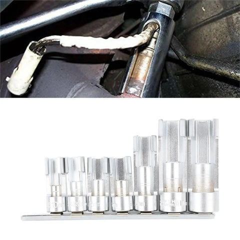7 Piece Oxygen Sensor Socket Wrench Set And Cr Alloy O2 Removal Tool Kit For Grease Monkey Approved Garage Jobs showcasing sockets on a holder.