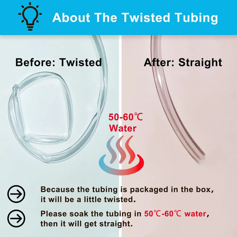 Twisted tubing before and straight tubing after soaking in 50-60°C water; instruction text about correcting twists in tubing.