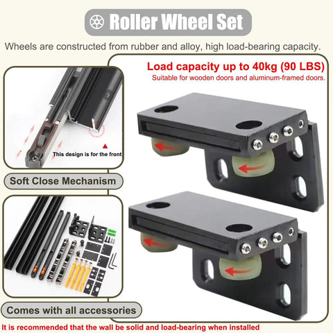 Smooth Going Concealed Sliding Door Kit Featuring Soft Close Trackless Invisible Ghost Mechanism Fits 24 To 60 Inch solid rubber and alloy roller wheel set.