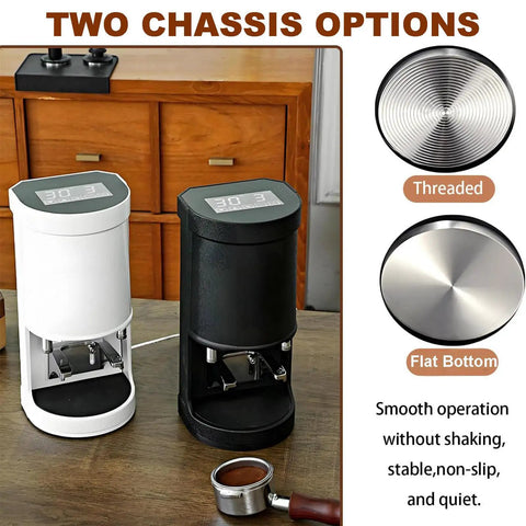 Professional Electric Espresso Tamper Machine With Heavy Duty Stainless Steel Coffee Press And Adjustable Pressure Control in white and black.