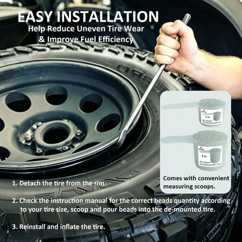 7 Pound Auto Tire Balancing Beads 2 To 3 Mm Bulk Tub With Measuring Spoon installed on a black tire with measuring scoops displayed.