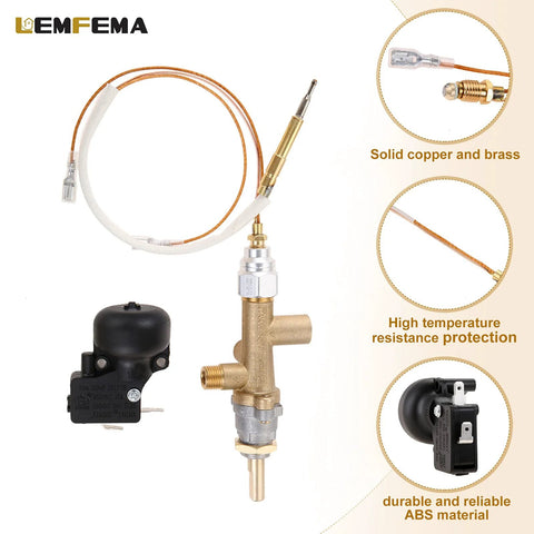 Lemfema propane patio heater repair kit with brass main valve and pilot port, copper thermocouple line, and black safety switch