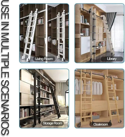 Rolling Ladder Hardware Kit With Floor Roller Track 100cm Adjustable Sliding Ladder System in various room settings