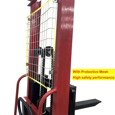 The Real Deal Manual Pallet Lifter With A Hefty 1 Ton 2204 Lbs Capacity And A Snappy 63 Inch Lift Height showing protective mesh and safety features.