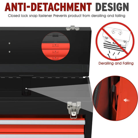 Anti-detachment design on Three Drawer Portable Steel Toolbox With Locking System, Top Storage, And Drawer Liners.