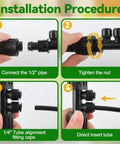 Drip Irrigation Fittings Kit 1/2 Inch To 1/4 Inch Quick Connect installation steps for connecting and sealing tubing.