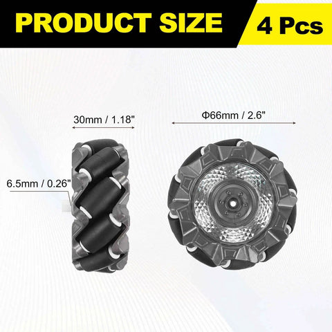 Two Piece Mecanum Wheel Set With Hex Pins And Screws, 66mm Omnidirectional ABS Rubber Wheels For Smart Robot Cars And DIY Models, Pro Grade Mobility, Durable Black, 4 piece size display