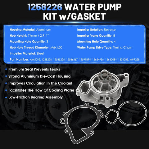 Chevy Ecotec Timing Chain Kit With Water Pump 2.2L 2.4L Direct Fit For Equinox Malibu Captiva Lacrosse Verano HHR Cobalt Regal GMC Terrain 2.4L Timing Chain Kit 94201S 9-4201S 94201SX showing aluminum water pump with gasket