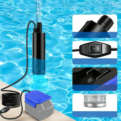Heavy Duty Tough As Nails Cordless Submersible Sump Pump With 500 Gph Flow and 16 Foot Head draining water from a pool.