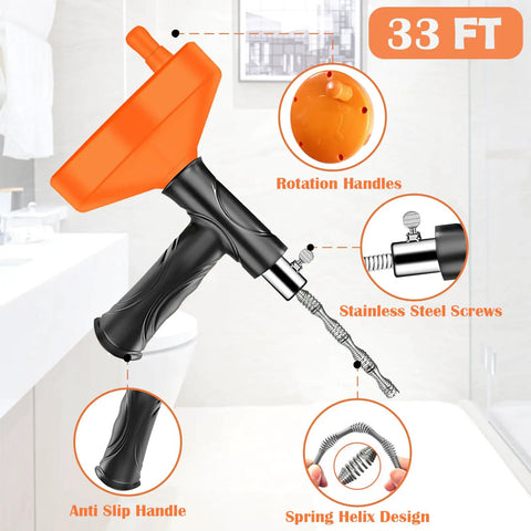 Heavy Duty 33 Foot Drain Snake Auger With Flexible Steel Cable, ergonomic handle for easy use, designed for unclogging toilets and sinks.