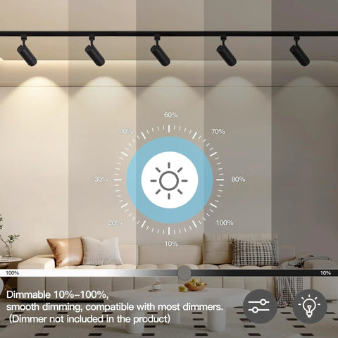 Five Color LED Track Lighting Heads Dimmable 12W Adjustable Beam 15 To 60 Degree Range 2700K 3000K 3500K 4000K 5000K H Style Ceiling Track Lighting Heads Black Six Pack For Living Rooms Kitchens Galleries And Retail Spaces All In One Ambiance Builder, shown with dimming capabilities and color temperature adjustment over a sofa