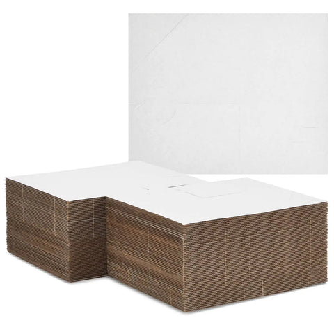 Super Tough Adjustable Cardboard Corner Protectors Designed For Picture Frames And Artwork stacked, showing white and corrugated material.