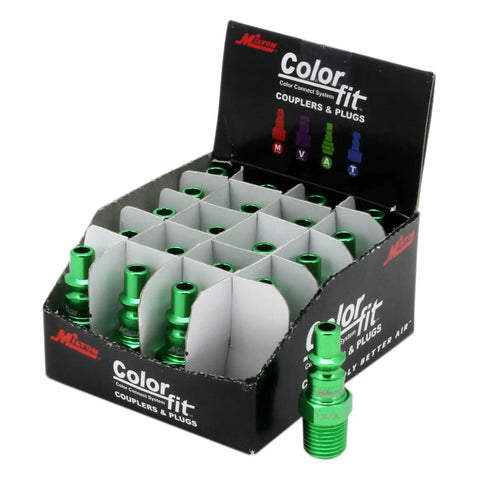 Green A Style Pneumatic Plugs One Quarter Inch NPT Male Box Of Twenty Color Coded Air Line Plugs For No Fuss Plug And Play Connect And Quick Identification Of High And Low Pressure.