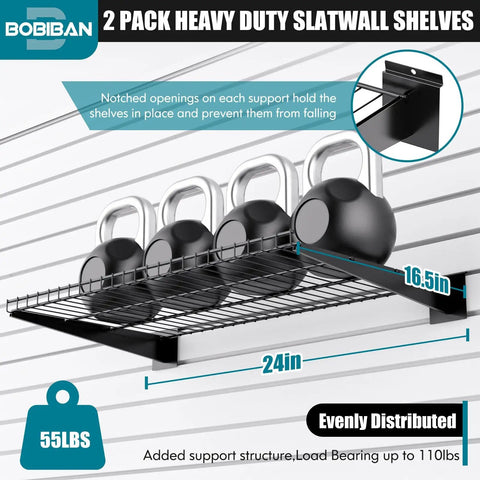 Hardcore Heavy Duty Metal Slatwall Shelves Two Pack 24 inch wide black shelves holding weights, supports 55 pounds each.