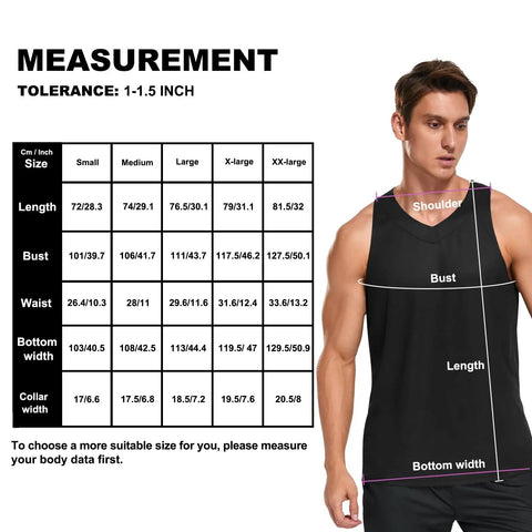 Men's Quick Dry Tank Top And Sleeveless Tee Crafted From Moisture Wicking Fabric With Lightweight Breathable Gym Wear Essentials Sweat Resistant Workout Shirt Real Deal Summer Activewear Staple size chart with measurements.