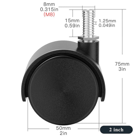 2 inch nylon casters M8 thread 50mm wheel dimensions
