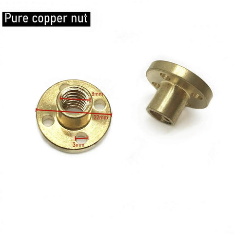 Close-up of T8 brass nuts from Two 300mm TR8x2 Lead Screws With T8 Brass Nuts For Z Axis In 3D Printers And CNC Machines.