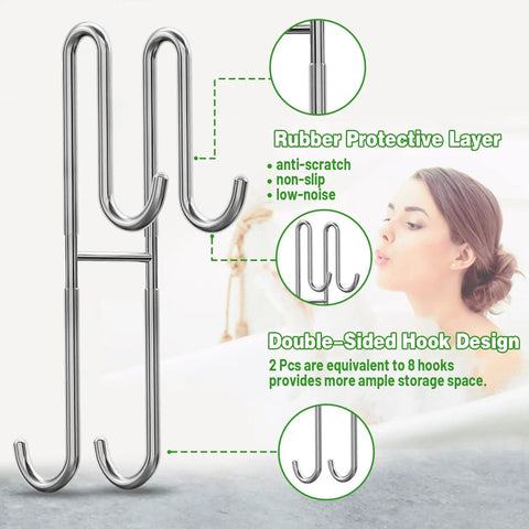 Extended Double Shower Door Hooks 2 Pack No Drill No Mess Heavy Duty Stainless Steel Towel Hangers for Frameless Glass Bathrooms