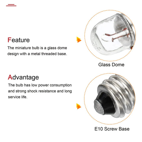 Works Like A Charm E10 Screw Base Miniature Bulbs 12V 5W Warm Yellow Light with clear glass dome and metal threaded base.