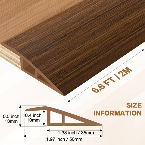 Floor Transition Strip Self Adhesive Edge Reducer For Laminate Carpet And Tile Vinyl Door Threshold Ramp Doorway Edge Trim, brown wood grain, showing side view and dimensions.
